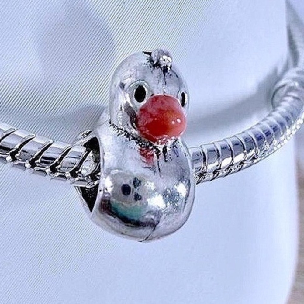 Silver & Orange Rubber Ducky Charm Fits European Snake Chain Bracelets